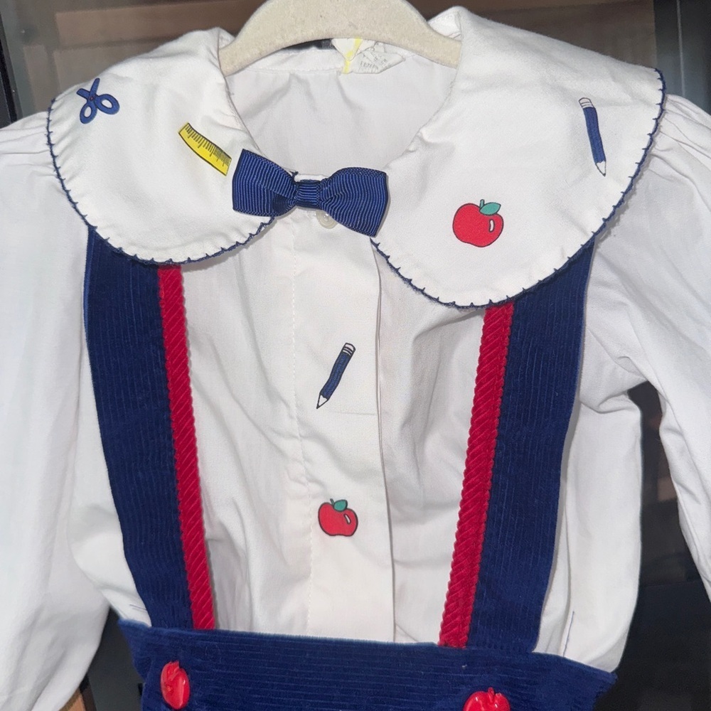 Vintage 1994 apples overalls dress set long sleeve top bow school collar toddler - Picture 4 of 10